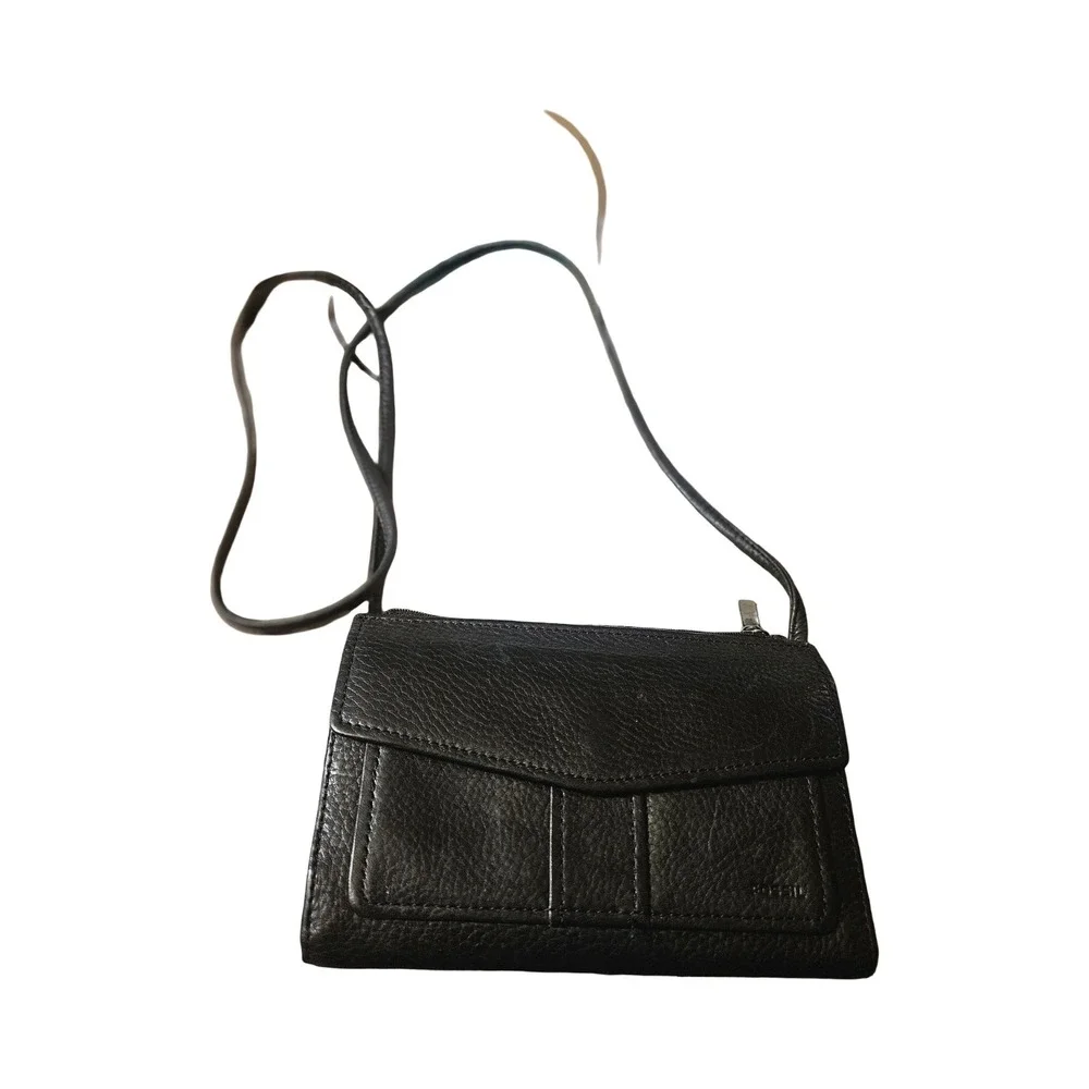 Fossil Black Pebbled Genuine Leather Crossbody Wallet Travel Bag Organizer